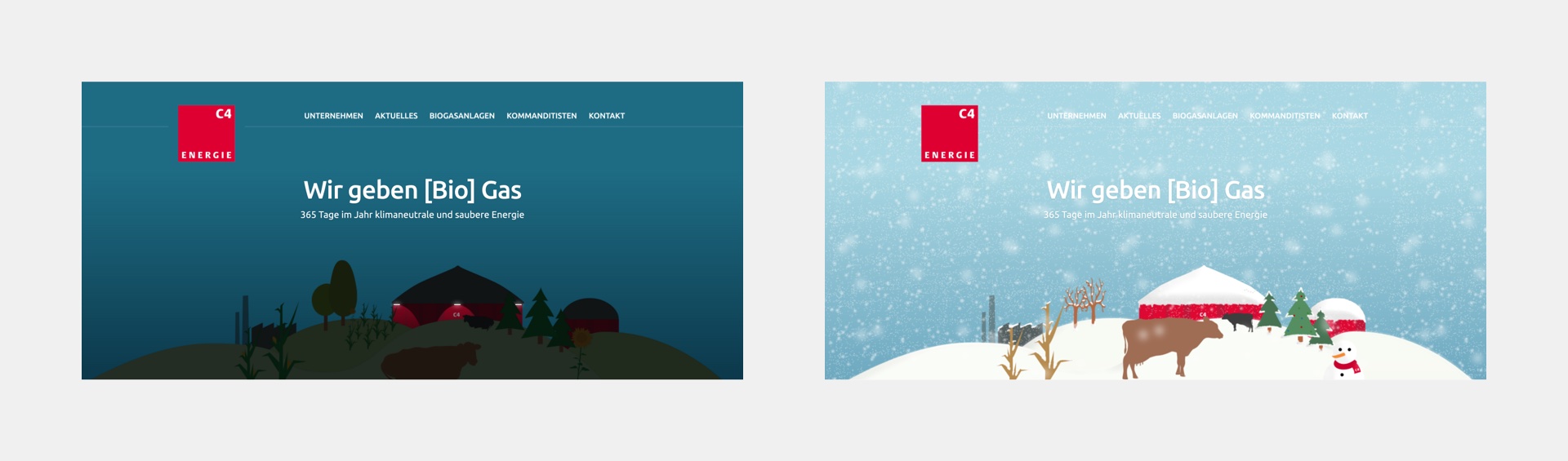 Previews of how the illustrations on the homepage change according to daytime or season, with a night-time preview on the left and a wintery illustration on the right.