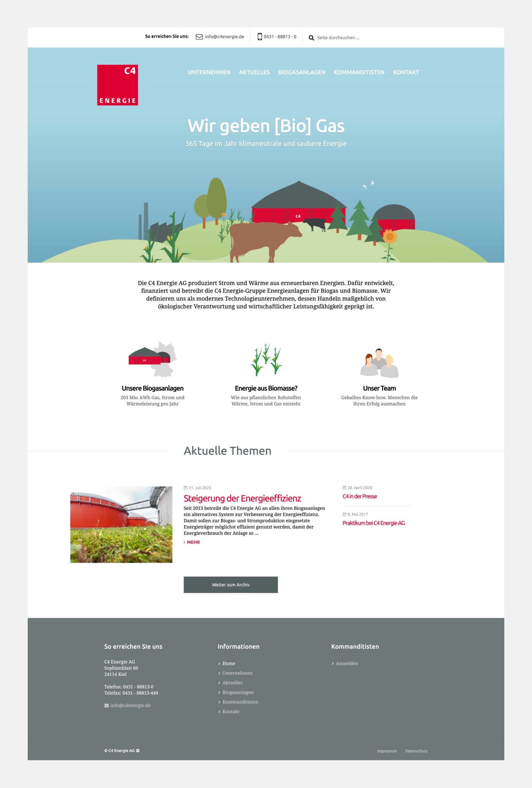 The compact and very well structured c4 energie homepage that's contrasted by colorful illustrations and icons