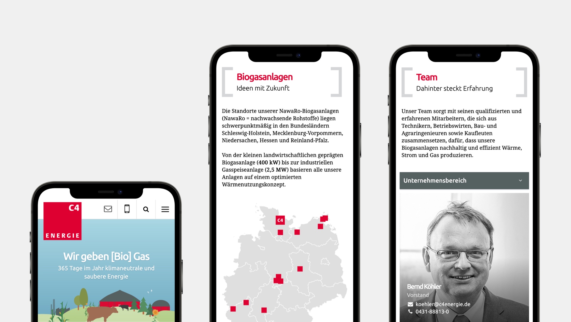 Three mobile views as seen on a smartphone showcasing the different mobile-optimized layouts.