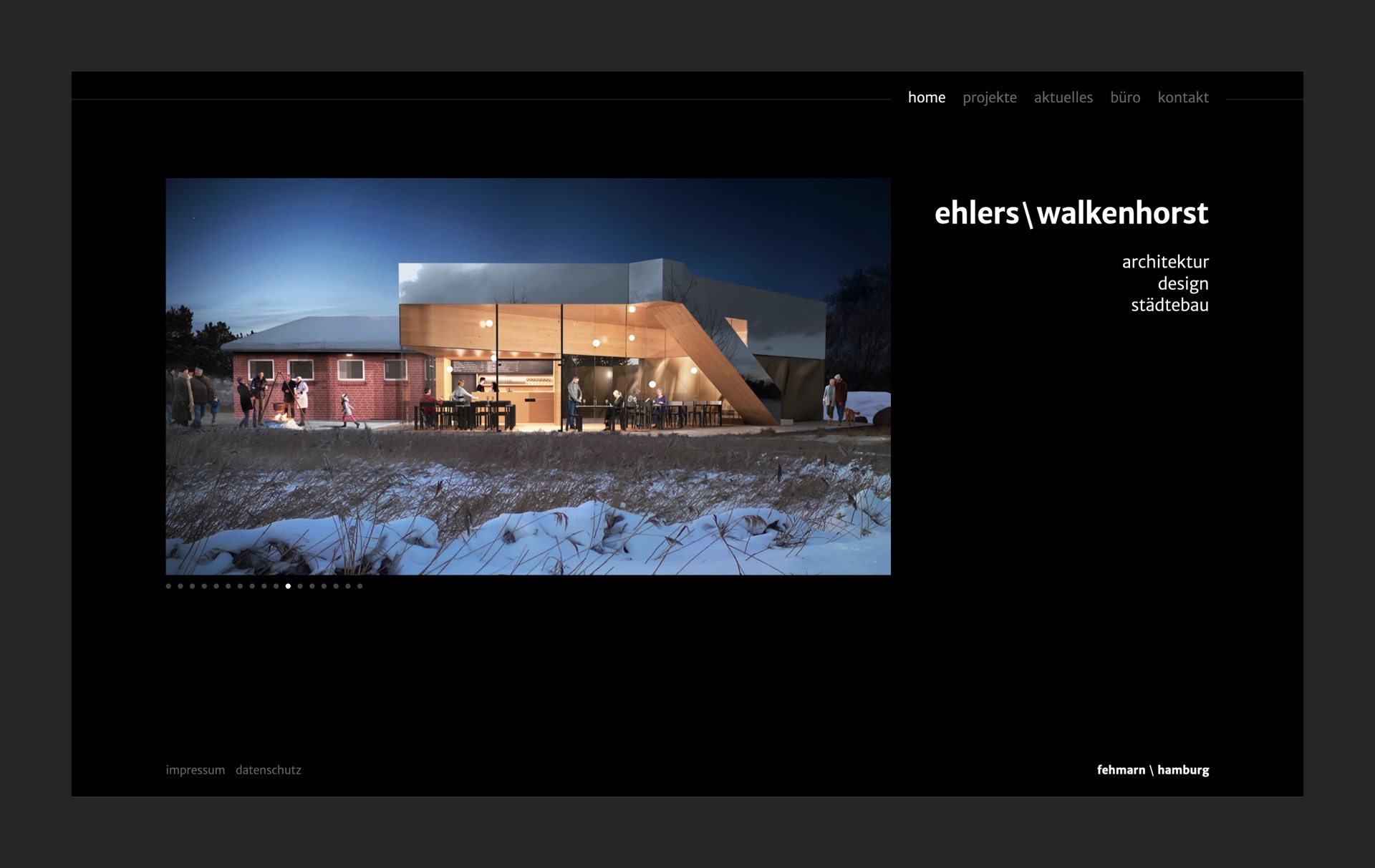 An image showing the ehlers \ walkenhorst homepage with a strong focus on their latest project images contrasted over a black background.