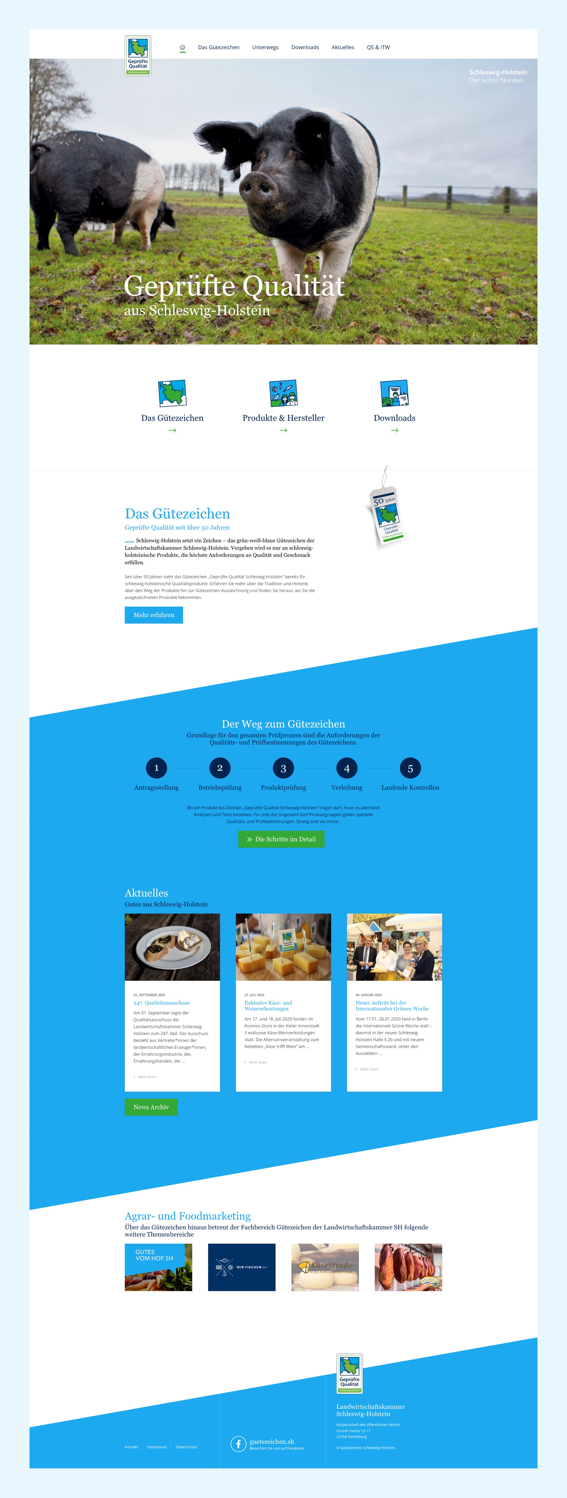 Image of the Gütezeichen Schleswig-Holstein homepage. Happy pigs on green pastures help in setting the general mood. Colorful icons and good contrasty colors support the visitors in navigating to their desired section.