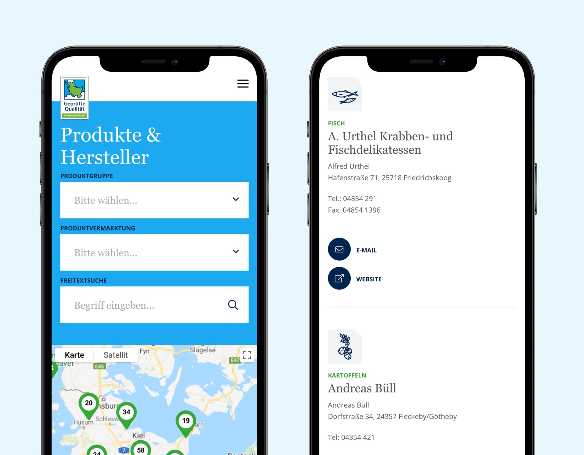 Photos of the mobile-view for the search to find lolcal products awarded with the seal of approval. Filter options like product type and point of sale help narrow down the search.