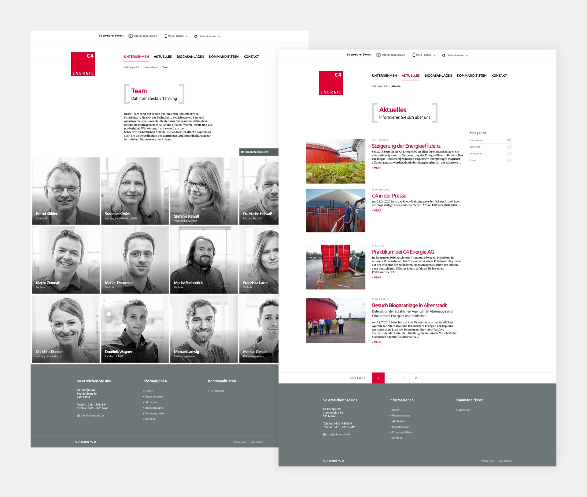 Side-by-side image of the about the company page on the left and their news page on the right