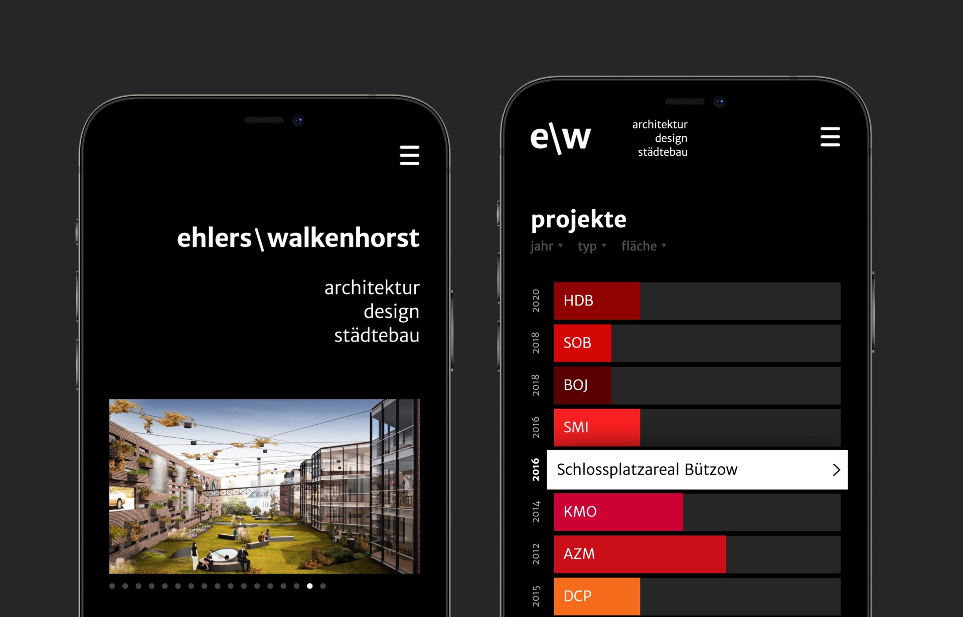 Side-by-side view of the homepage and projects overview optimized for mobile devices