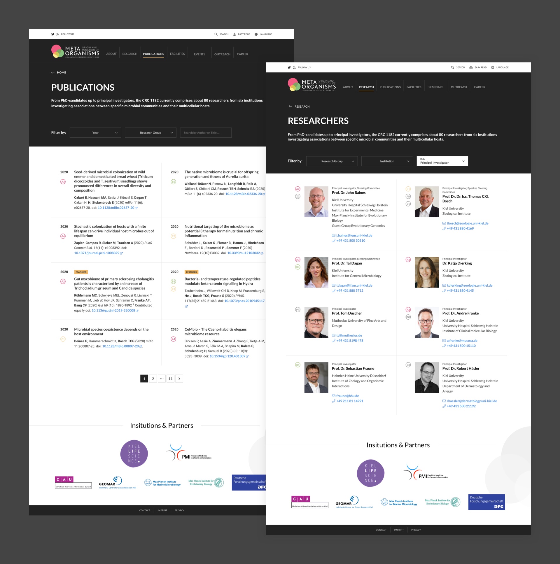 Side-by-side view of the publications- and researchers-overview, both fitted with a multitude of options to filter by. The general layout is very clean and focused on the content.
