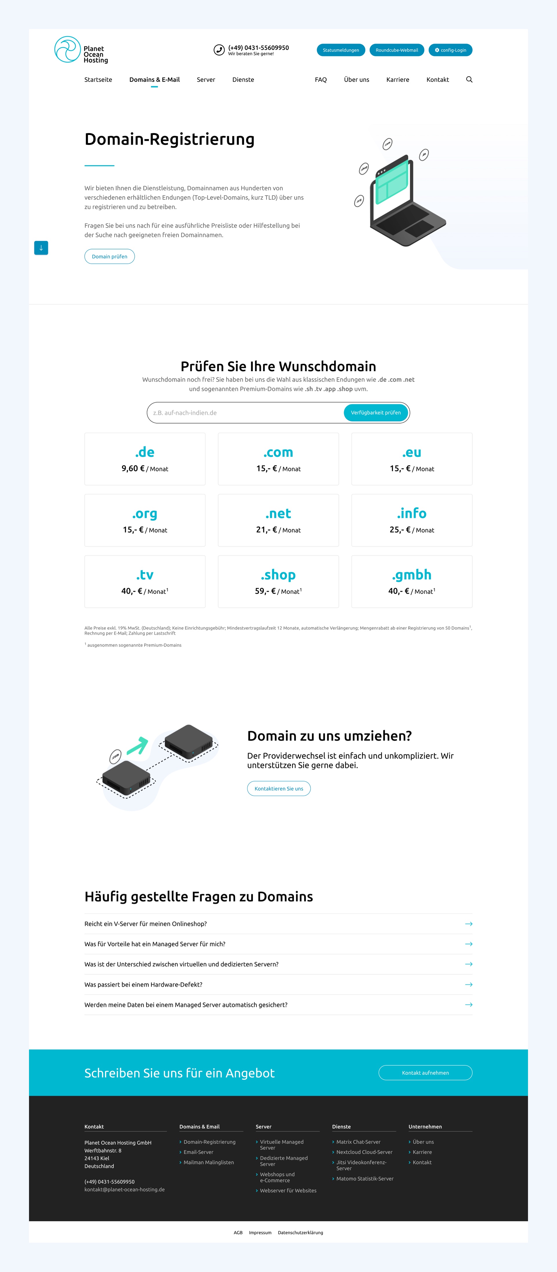 An example of the different page layouts – in this case the Domain-Registry page of "Planet Ocean Hosting"