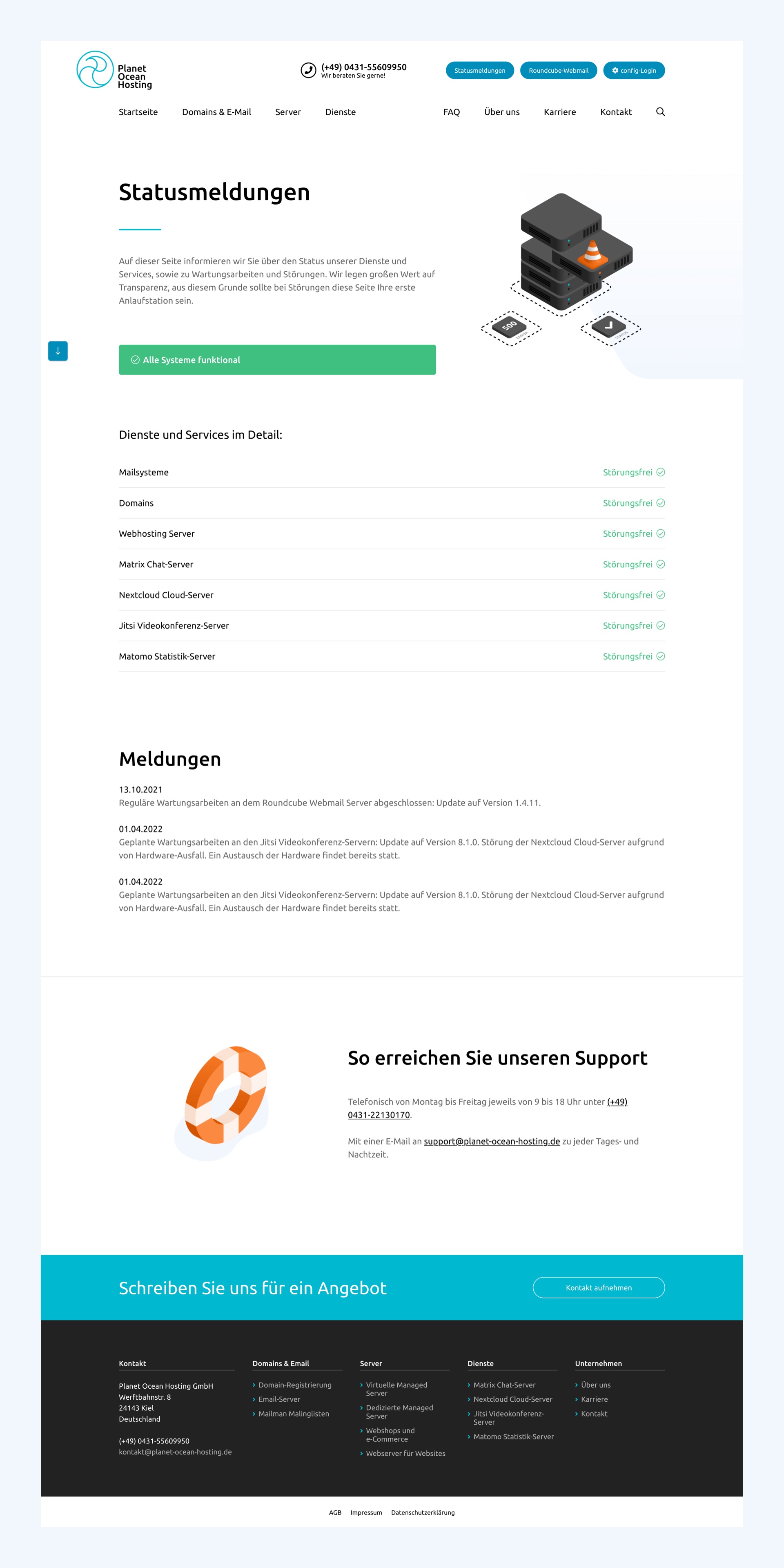The clean and minimalstic status message page where the hoster "Planet Ocean Hosting" provides information regarding their server status