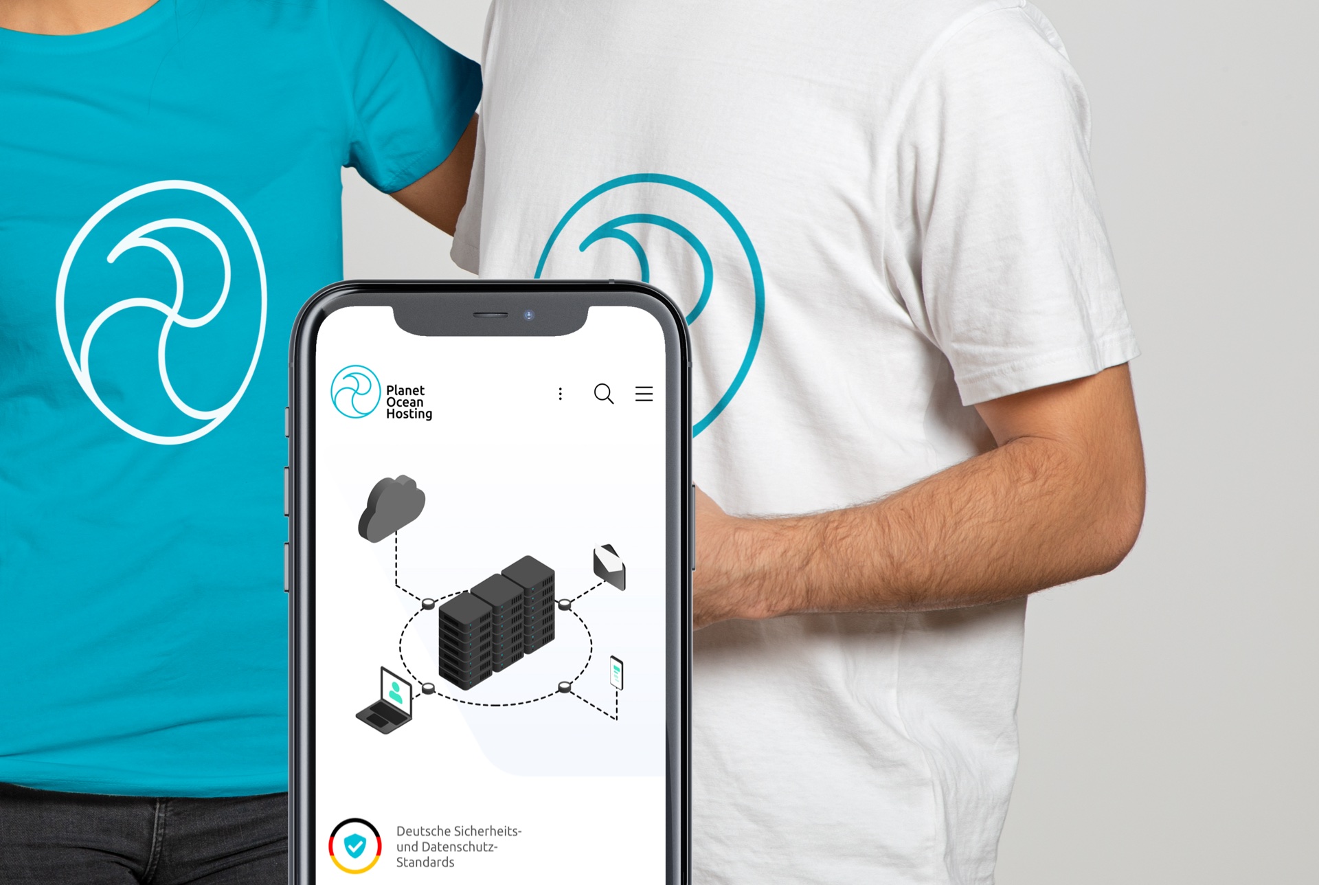 An image showcasing both the "Planet Ocean Hosting" logo application on T-Shirts as well as a mobile view of their website