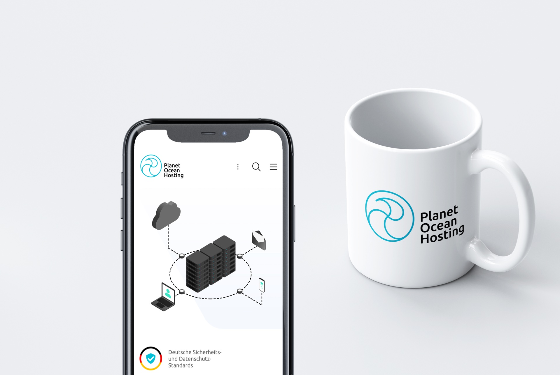 An image showcasing both the "Planet Ocean Hosting" logo application on a coffee-mug as well as a mobile view of their website