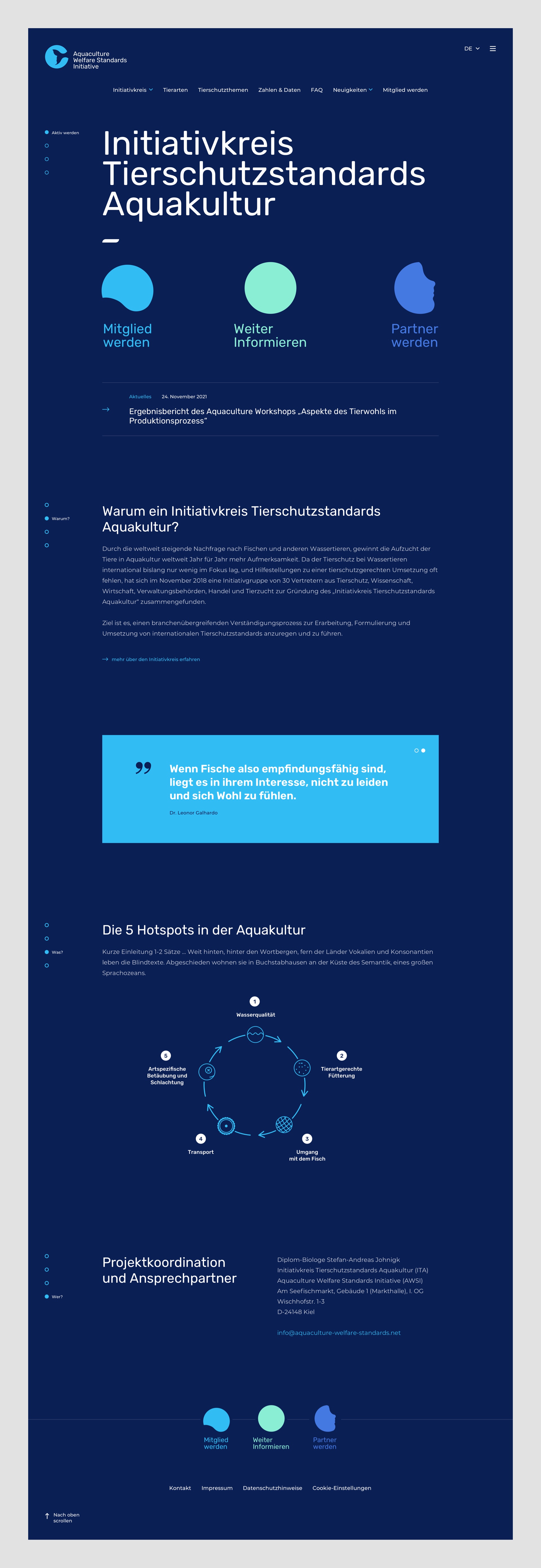 Preview image of the homepage of the "Aquaculture Welfare Standards Initiative". A landingpage like concept including jumpmarks to quickly switch between the main areas of interest