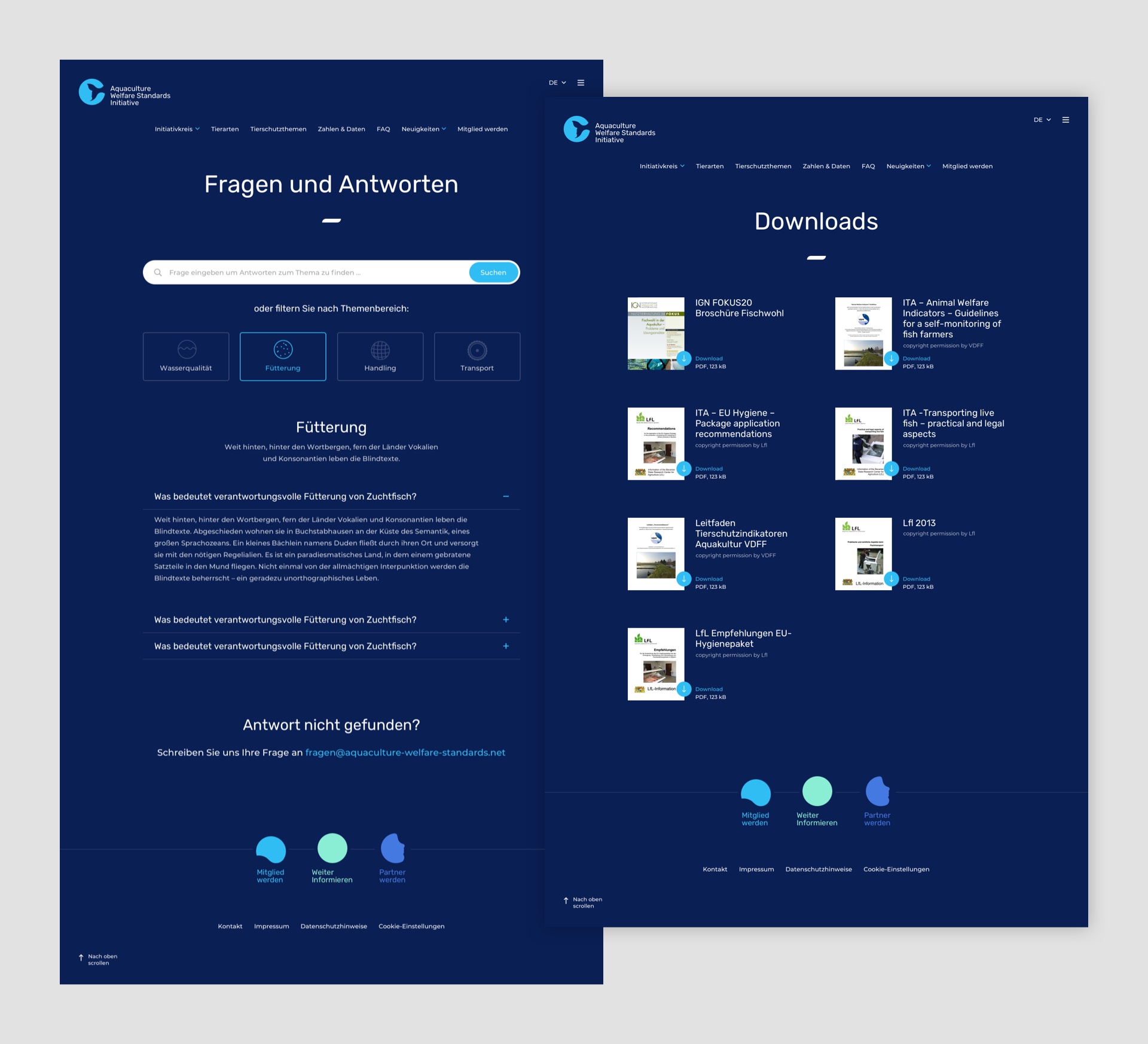 Preview image of the faq and download pages of the "Aquaculture Welfare Standards Initiative" outlining small details